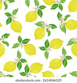 Lemon summer seamless vector pattern. Botanical tropic illustration. Vintage print.