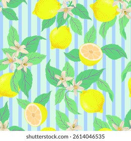 Lemon summer seamless vector pattern. Botanical tropic illustration. Vintage print.