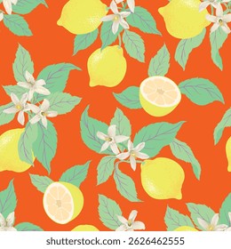 Lemon summer seamless vector pattern. Botanical tropic illustration. Vintage print.