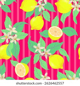 Lemon summer seamless vector pattern. Botanical tropic illustration. Vintage print.