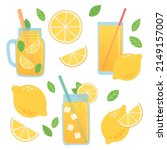 Lemon summer set with lemonade and ice in different glasses, flat design vector illustration