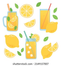 Lemon summer set with lemonade and ice in different glasses, flat design vector illustration