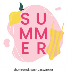 lemon and swimsuit with lettering summer on a pink background. flat vector illustration. Сan be used as a poster or print