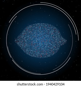 The lemon symbol filled with white dots. Pointillism style. Some dots is red. Vector illustration on blue background with stars