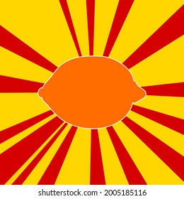 Lemon symbol on a background of red flash explosion radial lines. The large orange symbol is located in the center of the sun, symbolizing the sunrise. Vector illustration on yellow background