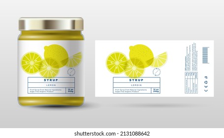 Lemon Syrup. Sweet product. Transparent slices, halves and cut fruits. Label and packaging simple design.