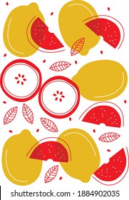 Lemon, tangerine, apple slice abstract cartoon vector. Exotic fruits, sleced fruit illustration. Healthy organic farm food. Cooking ingredients. 