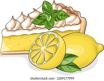 Lemon tart cartoon vector illustration. Pie with meringue and mint isolated on white. Lemon cake and fruit slices. Bakery, confectionery dish. Cheesecake, homemade dessert colorful drawing