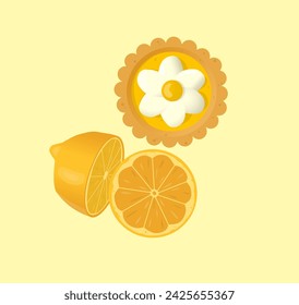 Lemon tart with flower cream on top and lemon slice on side