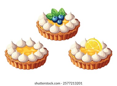 Lemon tartlets served with fresh blueberries, mint or lemon on white background. Vector illustration in eps 10. Design element for menu, recipe, market and cookbook 