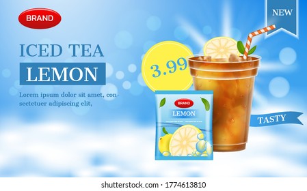 Lemon tea ad. Lemon tea glass with package
