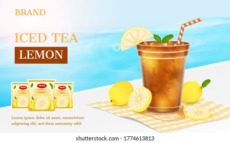 Lemon tea ad. Lemon slice with glass of lemon tea on beach background