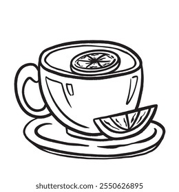 Té de limón en taza azul ilustración en blanco y negro aislado sobre fondo blanco cuadrado. Simple plano delineado arte de dibujos animados con estilo de dibujo de bebidas calientes.