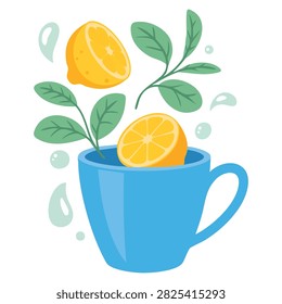 Lemon tea in blue cup flat bright color simplified vector drawing on white background perfect for beverage food drink and kitchen themed illustration