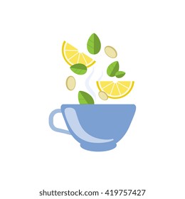 Lemon Tea In Blue Cup Flat Bright Color Simplified Vector Drawing On White Background