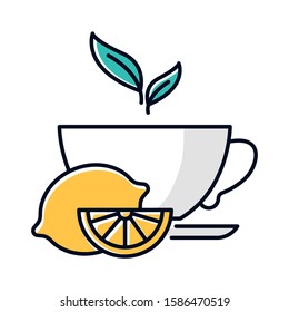 Lemon tea color icon. Common cold aid. Flu virus, influenza infection cure. Healthcare. Aromatic teacup. Hot drink in cup. Antioxidant with vitamin C. Beverage to relax. Isolated vector illustration