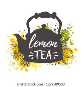 Lemon tea concept design. Kettle. Hand drawn vector illustration. Can be used for cafe, market, menu, shop, bar, restaurant, poster, label, sticker, logo.