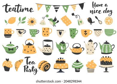 Lemon tea element set: cups, teapots, sweets, and calligraphy quotes. Perfect for scrapbooking, greeting card, party invitation, poster, tag, sticker kit. Hand drawn vector illustration.