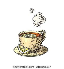 lemon tea hand drawn vector. cup hot drink, herb citrus beverage, morning teacup lemon tea sketch. isolated color illustration