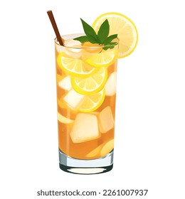 Lemon Tea with Ice and Garnish Isolated Detailed Hand Drawn Painting Illustration