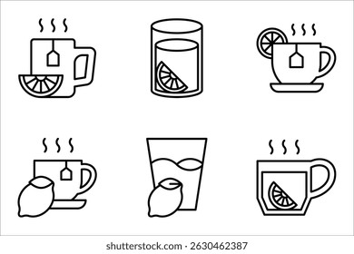 Lemon tea icon set. Hot drink in cup. Antioxidant with vitamin C. Beverage to relax. vector illustration on white background