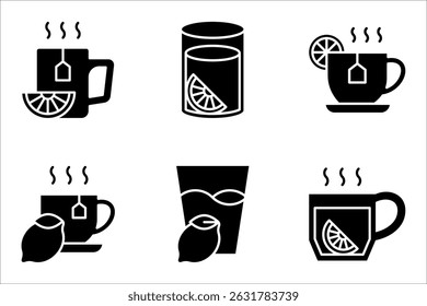 Lemon tea icon set. Hot drink in cup. Antioxidant with vitamin C. Beverage to relax. vector illustration on white background