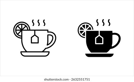 Lemon tea icon set. Hot drink in cup. Antioxidant with vitamin C. Beverage to relax. vector illustration on white background