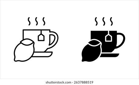 Lemon tea icon set. Hot drink in cup. Antioxidant with vitamin C. Beverage to relax. vector illustration on white background
