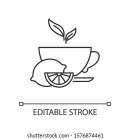 Lemon tea linear icon. Common cold aid. Aromatic teacup. Hot drink in cup. Antioxidant with vitamin C. Thin line illustration. Contour symbol. Vector isolated outline drawing. Editable stroke