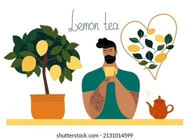Lemon tea lover.Lemon indoor tpee  home,cartoon flat vector element design.