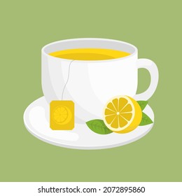 Lemon tea, mint leaves. Cup of tea with lemon citrus isolated on green background. Vector illustration of healthy beverage