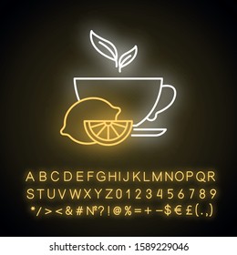 Lemon tea neon light icon. Common cold aid. Healthcare. Aromatic teacup. Hot drink in cup. Antioxidant with vitamin C. Glowing sign with alphabet, numbers and symbols. Vector isolated illustration