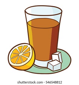 Lemon tea with orange slice and sugar around it - vector.