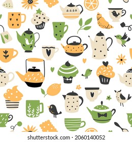 Lemon tea seamless pattern, tea party background. Perfect for fabric, scrapbooking, textile, and surface design.