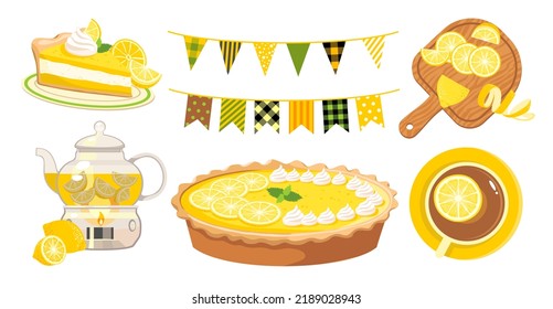 Lemon tea set. Lemon pie. Vector illustration.