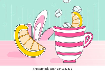 lemon tea with slice of lemon and cup with pink stripes and sugar cubes in cute line art style 