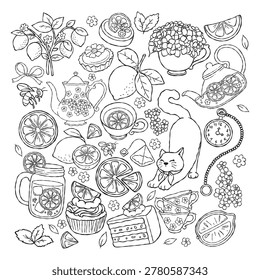 Lemon Tea Time Outline, Hand Drawn Tea Party, Wedding Invitation Graphics, It's Tea Time Line Art, Hydrangea Flower Tea Set Coloring Page Hand Drawn Design Vector