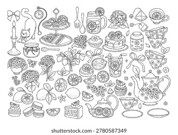 Lemon Tea Time Outline, Hand Drawn Tea Party, Wedding Invitation Graphics, It's Tea Time Line Art, Hydrangea Flower Tea Set Coloring Page Hand Drawn Design Vector