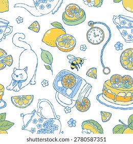 Lemon Tea Time Seamless Pattern, Coquette Kitty Digital Paper, Hand Drawn Summer Picnic Retro Fabric, Fruit Tea Party Hydrangea Flower Repeat Vector