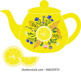Lemon teapot with herbs and lemon