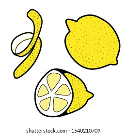 Lemon, three elements: whole, peel and half.  Doodle style