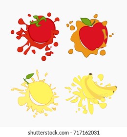 Lemon, tomato, apple, banana fruits juice drops vector set. Drink element, splashing template illustration