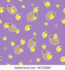 Lemon with transparency lemon different sizes sticker purple background. Pattern with lemon and leaves.
