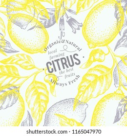 Lemon tree banner template. Hand drawn vector fruit illustration. Engraved style. Vintage citrus background.