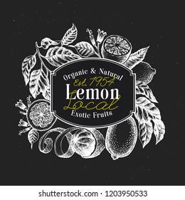 Lemon tree banner template. Hand drawn vector fruit illustration on chalk board. Engraved style. Retro citrus background.