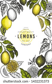 Lemon tree banner template. Hand drawn vector fruit illustration. Engraved style frame. Retro citrus background.