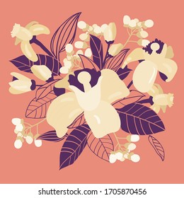 Lemon tree blossom bouquet illustration in deep purple and light noughat colors on coral background. Can be used for logos, banners, flyers, stickers, posters, invitations, cards, fabrics, T-shirts.  