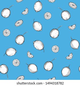 Lemon tree branch with flowers and leaves and lemons. Seamless pattern, background. Outline hand drawing vector illustration in black, white and blue colors.