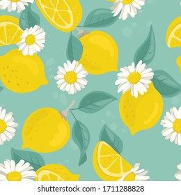 Lemon tree branch with lemons, camomile flowers and leaves. Seamless pattern, background. Colored vector illustration. 