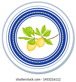 Lemon tree branch with lemons, flowers and leaves. Template for the design of napkins, plates, trays, dishes. Circular composition. With sapphire blue stripes. Vintage style. Vector illustration.	